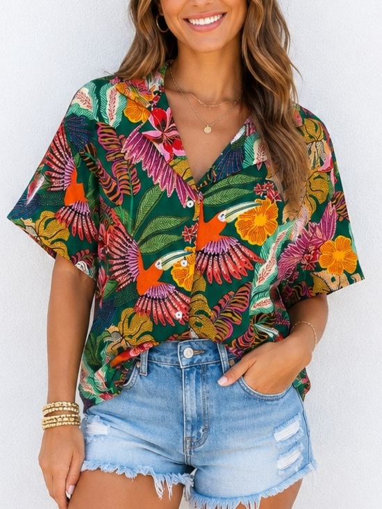 Gibson Latimer Tops - Gibson Latimer Tropical Camp Shirt Size Large Hawaiian Parrot Colorful Top